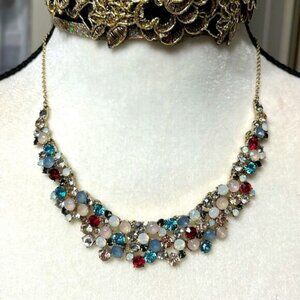 Statement multicoloured turquoise/coral/red rhinestone bib vtg necklace NWOT